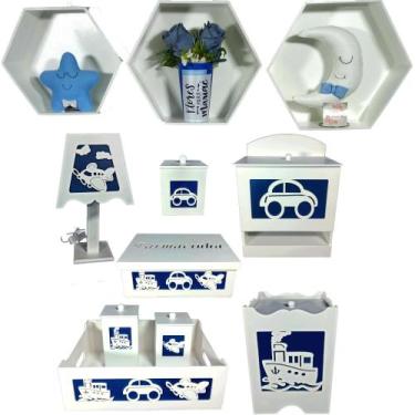 Imagem de Kit Higiene bebê mdf 8 pçs + 3 Nichos Brancos - TRANSPORTE AZUL MAR. (