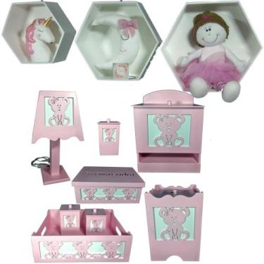 Imagem de Kit Higiene bebê mdf 8 pçs + 3 Nichos Brancos - URSINHA ROSA (Pronta E