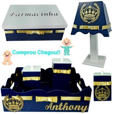 Imagem de Kit de Higiene para quarto de bebê menino madeira Mdf 6 pçs - Coroa az