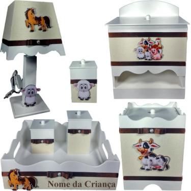 Imagem de Kit de Higiene de bebê Mdf quarto unissex 7 pçs - FAZENDINHA BRANCO E 