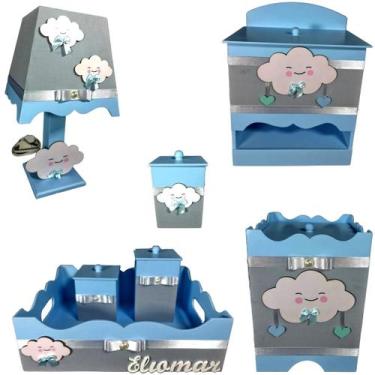 Imagem de Kit Higiene bebê Mdf menino 7 pçs - CHUVA DE AMOR AZUL BB COM CINZA - 