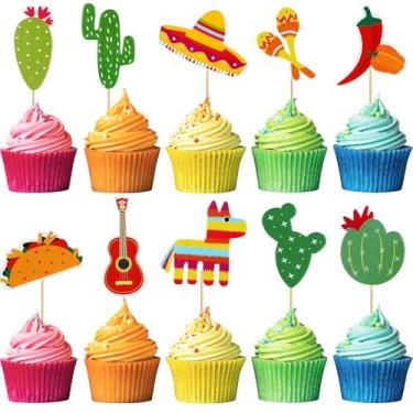 Imagem de 100 peças tema mexicano decoração de bolo tema mexicano decorações de festa festa festa mexicana decorações para cacto com tema mexicano burro taco, pimenta, sombrero, bigode, decorações de festa