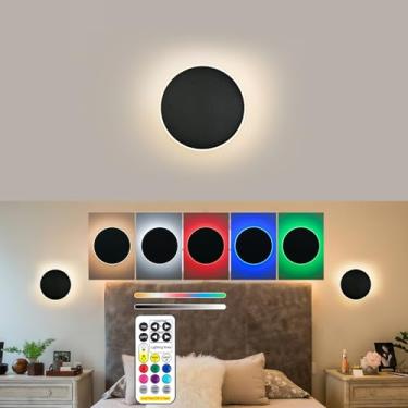Imagem de Arandelas de parede operadas por bateria, luz de parede preta recarregável estilo eclipse solar com controle remoto sem fio regulável, 9 modos de cores, arandela de parede interna para quarto e sala