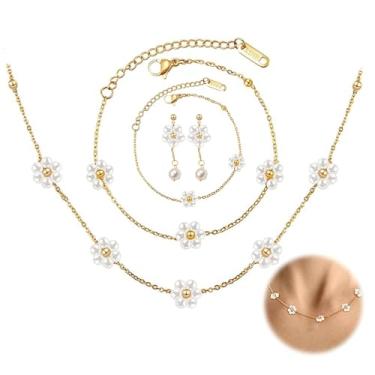 Imagem de KONPJE Conjunto de joias de margarida e pérola, 5 peças, para mulheres, colar de gargantilha de flor dourada fofo, brincos de gota de margarida, pulseira de pérola ajustável, acessórios de joias da
