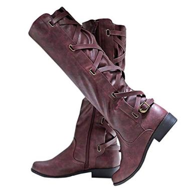 Imagem de Bota feminina de salto baixo Syktkmx com cadarço e alças para andar de motocicleta, 1-wine Red, 7.5