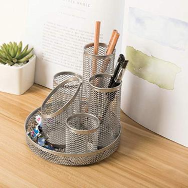 Imagem de Porta-lápis giratório de malha de arame, organizador de mesa com 7 compartimentos de armazenamento, organizador de pincéis de maquiagem para mesa de estudante, recipiente para escola, escritório,