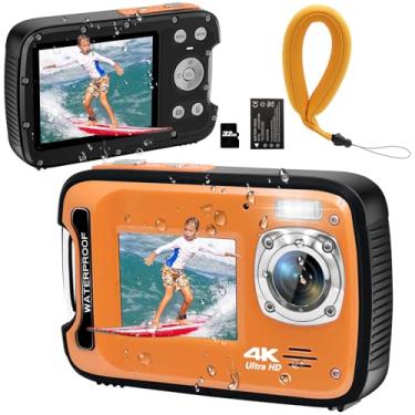Imagem de YEEIN Câmera subaquática 4K 48MP autofoco selfie tela dupla à prova d'água com alça flutuante e cartão de 32 GB, câmera digital compacta à prova d'água de 17 pés para mergulho com snorkel