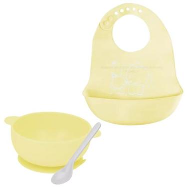 Imagem de Kit Tigela Infantil Bebê Babador Colher De Silicone Amarelo - Uny Gift