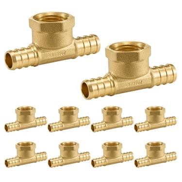 Imagem de Pacote com 10 unidades EFIELD Pex encaixe Barb Crimp Brass 3/10.2 cm Pex X 3/10.2 cm Pex X 3/10.2 cm Fêmea NPT Tee, ASTM F1807