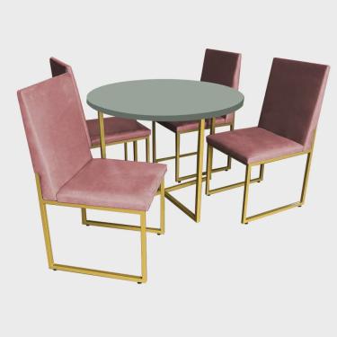 Imagem de Kit Mesa de Jantar Theo com 4 Cadeiras Sttan Ferro Dourado Tampo Verde Oliva Suede Rose...