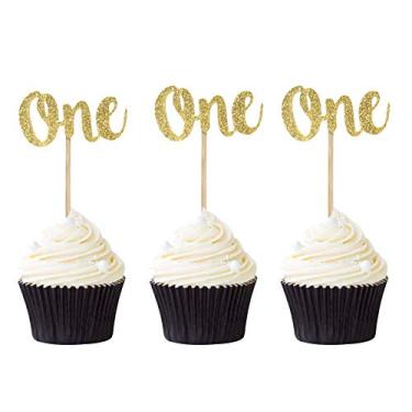 Imagem de Pacote com 24 enfeites de cupcake dourados com glitter para primeiro aniversário, decorações de festa de aniversário