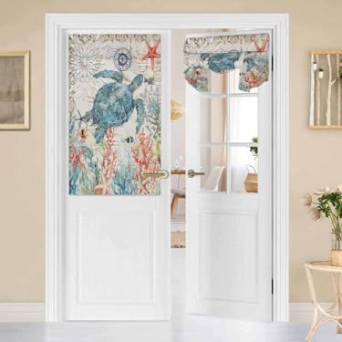Imagem de Cortinas de porta tartaruga azul costeira coral peixe cortinas de janela para pátio porta francesa estrela do mar estilo vintage privacidade cortina de luz lateral térmica cortina de amarrar sombra 66