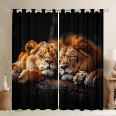 Imagem de jejeloiu Cortinas de casal leão para quarto e sala de estar (2 painéis, 96 x 137 cm) cortinas de escurecimento safári para meninos meninas vida selvagem 30%-50% cortina blackout janela tratamentos 3D