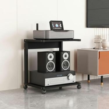 Imagem de LGEOELIAS Suporte para leitor de CD de 2 camadas, suporte de áudio estéreo, suporte de TV para jogos, prateleira de madeira móvel com rodas para casa/escritório/teatro, preto