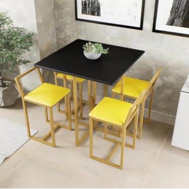 Imagem de Conjunto Mesa Preta 4 Cadeiras Pequena Estofado Industrial Dourado (Amarelo)