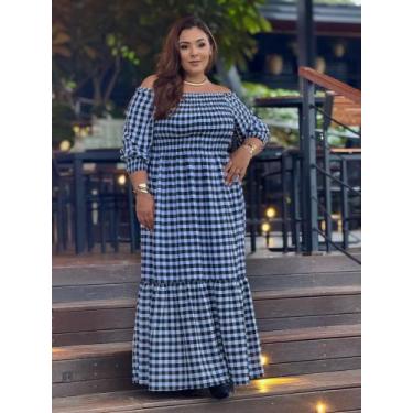 Imagem de Vestido Longo Plus Size Xadrez Ombro a Ombro Manga Inverno Moda Countr
