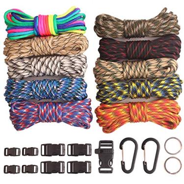 Imagem de GeGeDa Paracord, kit de artesanato Paracord 550 combo com 5 tipos de fivelas, 6 metros de cada corda de paracord (conjunto arco-íris claro 60 m) (conjunto D)