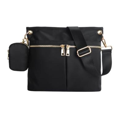 Imagem de VGOAL Bolsa tiracolo de alta textura com zíper duplo casual bolsa feminina à prova d'água de tecido de nylon bolsa quadrada perfurada, Preto