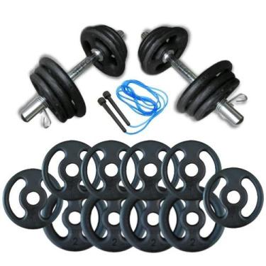 Imagem de Kit Halteres 14Kg Anilhas e Barras + Corda - Treino em Casa - Sepo