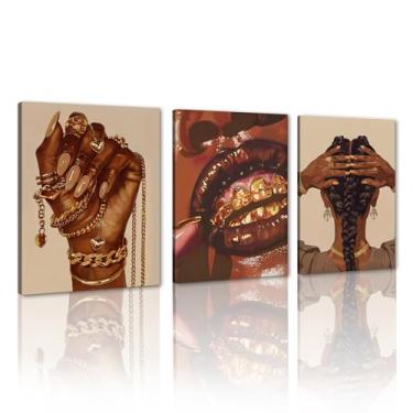 Imagem de Novatique Conjunto de 3 peças de arte de parede de meninas negras fashion para decoração de parede afro-americana, abstrato, mulher negra, para sala de estar, quarto, 30,5 x 40,6 cm x 3 peças