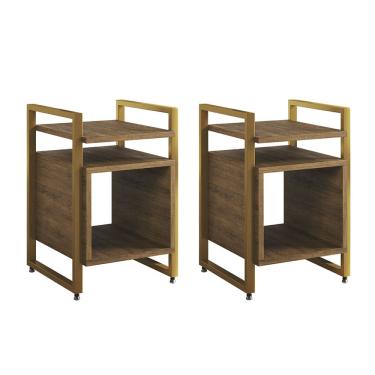 Imagem de Kit 2 Mesas de Cabeceira Industrial Marrocos Ferro Dourado e Tampo Freijó