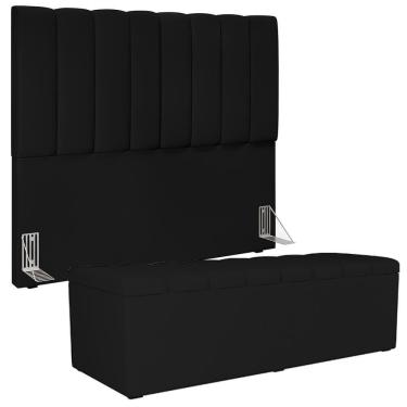 Imagem de Kit Cabeceira Casal 140cm Com Calçadeira Recamier Baú Preto