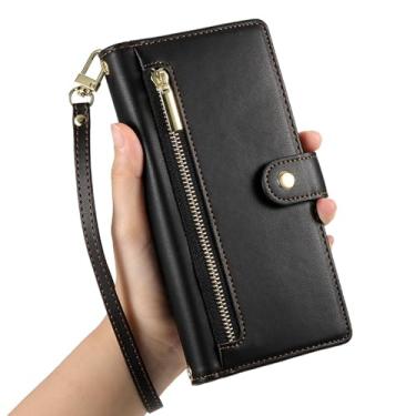 Imagem de LYJSMGZ Capa flip para iPhone 16E, carteira de couro liso de alta capacidade, compartimentos para cartões, capa de telefone com borda macia, capa de proteção completa, preta, 16E