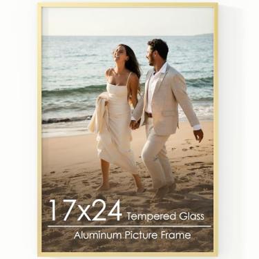 Imagem de FLYJOE Moldura de metal de 43 x 61 cm - Molduras de alumínio dourado com vidro verdadeiro, montagem na parede horizontal ou verticalmente, diploma, certificados e decoração para galeria de parede