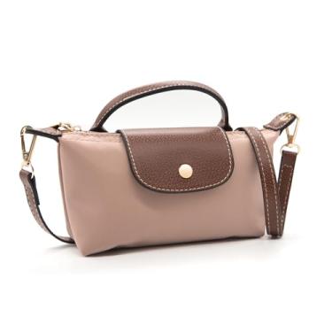 Imagem de Long Keeper Mini bolsa transversal feminina pequena de nylon colorida bolsa de ombro com alça superior bolsa clutch para telefone, Rosa nude, Mini bolsa casual de nylon com alça de couro longa
