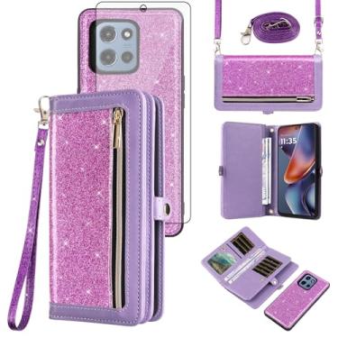 Imagem de Asuwish Capa de celular para Motorola Moto G 5G 2025 com zíper carteira destacável com protetor de tela transversal alça de cordão brilhante flip porta-cartão slot G5G 5 G G5 mulheres homens meninas