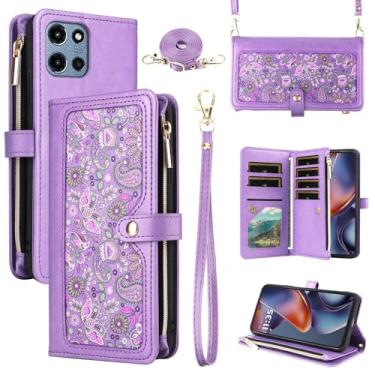 Imagem de Dswteny Capa carteira floral para Motorola Moto G 5G 2025 com alça de ombro, bolsa com zíper de couro PU, suporte de cartão de crédito, acessórios para celular para G5G 5 G G5 mulheres homens roxo