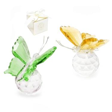 Imagem de HhdvdyWgd 2 peças de decoração de borboleta de cristal com base de bola, estatuetas de borboleta de vidro para decoração de casa/escritório/quarto/mesa/quarto, com caixa de presente (amarelo e verde)