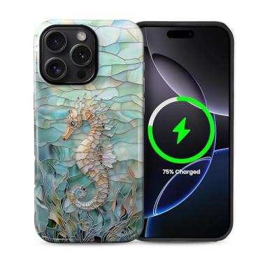 Imagem de Punmada Capa para iPhone 16 Pro para MagSafe, capa rígida híbrida à prova de choque de silicone protetora de corpo inteiro brilhante para iPhone 16 Pro vidro submarino 3D padrão de cavalo-marinho