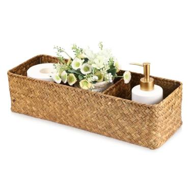 Imagem de Hoowen Cesto de prateleira de alga marinha com divisórias, cestas retangulares de armazenamento para organização, bandeja decorativa de vime estreita com 3 seções para prateleiras, tanque de vaso