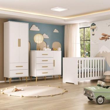 Imagem de Quarto Infantil com Guarda-Roupa 2 Portas 2 Gavetas com Cômoda e Berço Magia Espresso Móveis Branco