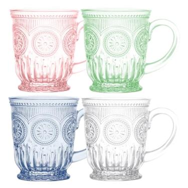 Imagem de Yungala Canecas de vidro multicoloridas de 290 ml - Conjunto de 4 canecas de café de vidro colorido - 1 de cada transparente, rosa, azul e verde. Copos de chá de vidro vintage seguros para lava-louças