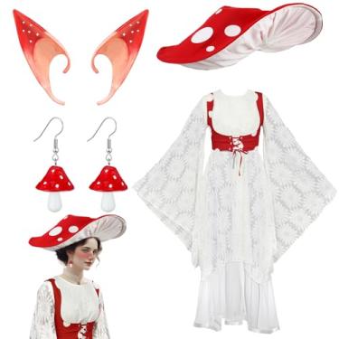 Imagem de Skicuff 5 peças de fantasia de cogumelo renascentista com chapéu e cintura, orelhas de elfo, brincos de Halloween vestido feminino de fada vitoriana, Vermelho, branco., 2X-Large / 3X-Large