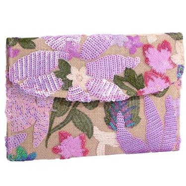 Imagem de XquiziFit Bolsa clutch feminina floral para noite para festa bordada com lantejoulas e contas, Roxo, rosa, Regular: 10.2" × 6.2"