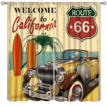 Imagem de VUMIVI California Route 66 Cortinas Praia Palmeiras Mar Pranchas de Surf Vintage Poster Janela Tratamentos para Cozinha Quarto Sala de Estar Sala de Jantar 107 cm L X 113 cm C