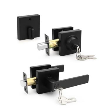 Imagem de Tinewa Maçaneta de porta frontal/externa com chave quadrada com fechadura de cilindro único, conjunto de fechadura de maçaneta de porta de entrada preta plana com conjuntos de combinação de fechadura