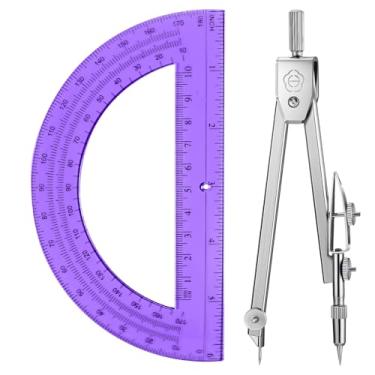 Imagem de EBOOT Conjunto de matemática de geometria estudantil, bússola de desenho e transferidor de braço oscilante de 15 cm transferidor de matemática de 180 graus (Roxo)