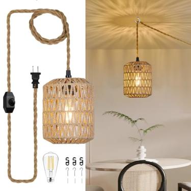 Imagem de ALAISLYC Luminária pendente com lâmpada LED de 6 W, luz quente (3000 K) interruptor regulável, lindo cabo de lâmpada pendurada em vime de 4,5 m, lustre trançado à mão, luminárias para quarto e cozinha