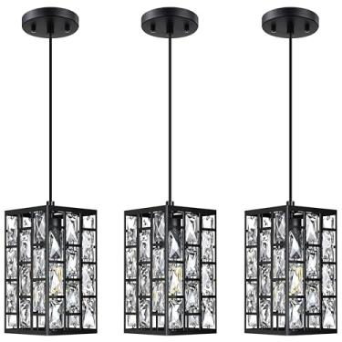 Imagem de Pacote com 3 1 luminária pendurada moderna ilha de cozinha quadrada pingente de cristal, sombra de cristal com acabamento preto para bar, sala de jantar, corredor, sala de estar sobre a pia