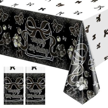 Imagem de Just Shimmer Pacote com 2 toalhas de mesa estampadas de laço preto e feliz aniversário, capas de mesa descartáveis de 137 x 272 cm para aniversários, noivas, chás de bebê e despedidas de solteira
