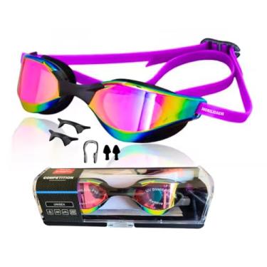 Imagem de Óculos de natação espelhado antiembaçante com proteção UV estojo, narigueira, protetor nasal e protetor de ouvido (Violeta)