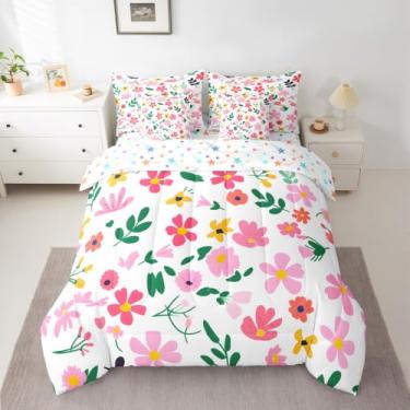 Imagem de Feelyou Conjunto de edredom floral com 7 peças, tamanho casal, com estampa de flores, para crianças, meninos, meninas, fofo, com tema natural, rosa, verde, amarelo, microfibra macia