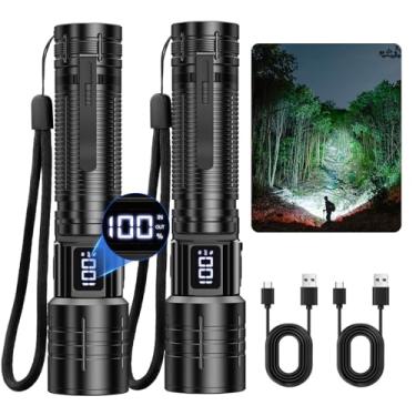 Imagem de AdamStar Lanterna de alto lúmens, recarregável, super brilhante, com zoom, luz de LED com regulável, 6 modos à prova d'água, potentes, lanternas táticas para acampamento de emergência (pacote com 2)