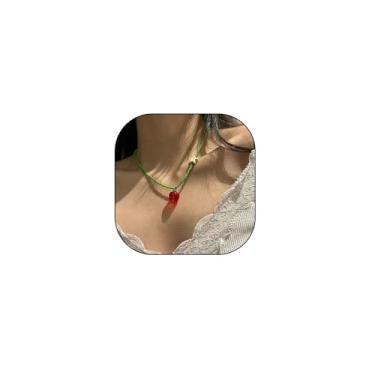 Imagem de HWJQ Colar feminino com pingente de morango 3D com pingente de morango Y2k verde com contas de sementes e miçangas modernas para presente de verão e praia, Middle, Zinco, Sem Pedra Preciosa