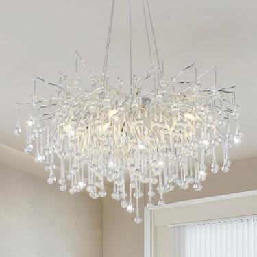 Imagem de GREMLBUK Lustre moderno para sala de jantar, lustres de cristal prata luminárias penduradas lustre redondo gota de chuva para sala de estar, quarto, entrada (D24 polegadas)