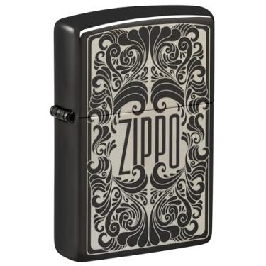 Imagem de Zippo Isqueiro de bolso preto de alto polimento com design de filigrana com logotipo